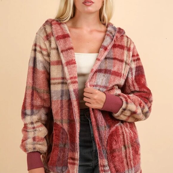 VERY J Jackets & Blazers - VERY J Fuzzy Plaid Long Sleeve Hooded Jacket